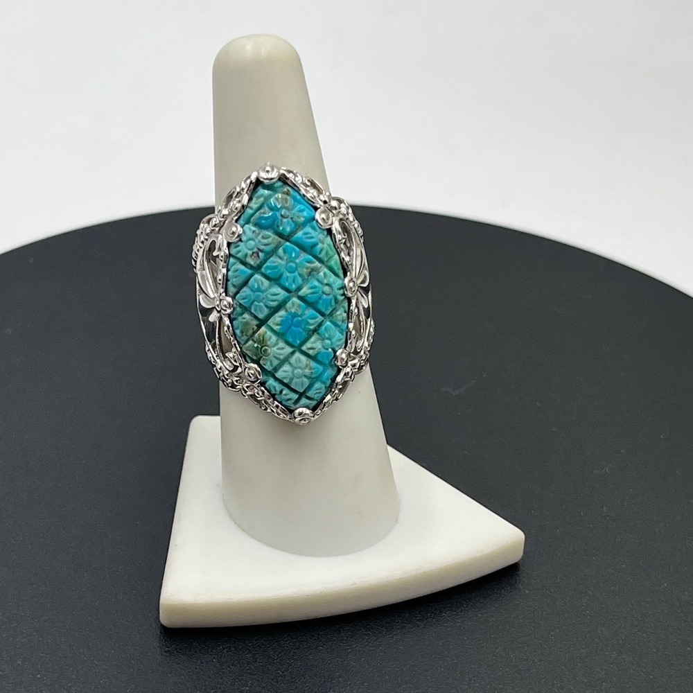 Dallas Prince Statement Ring Carved Quilted Turquoise Stone 925 Sterling Silver.